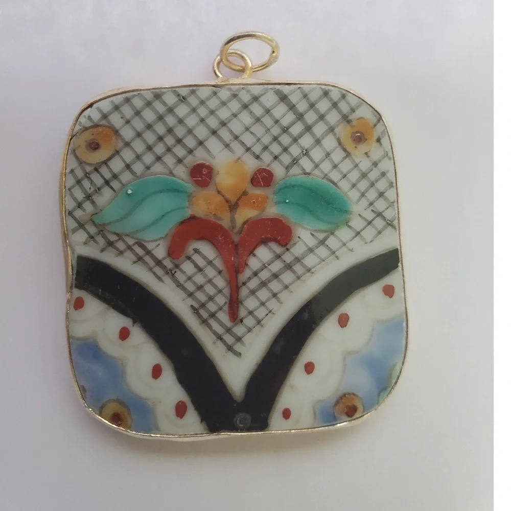 Vintage Hand Painted Talavera‎ Tile Pottery Shard Pendant Floral Square Jewelry